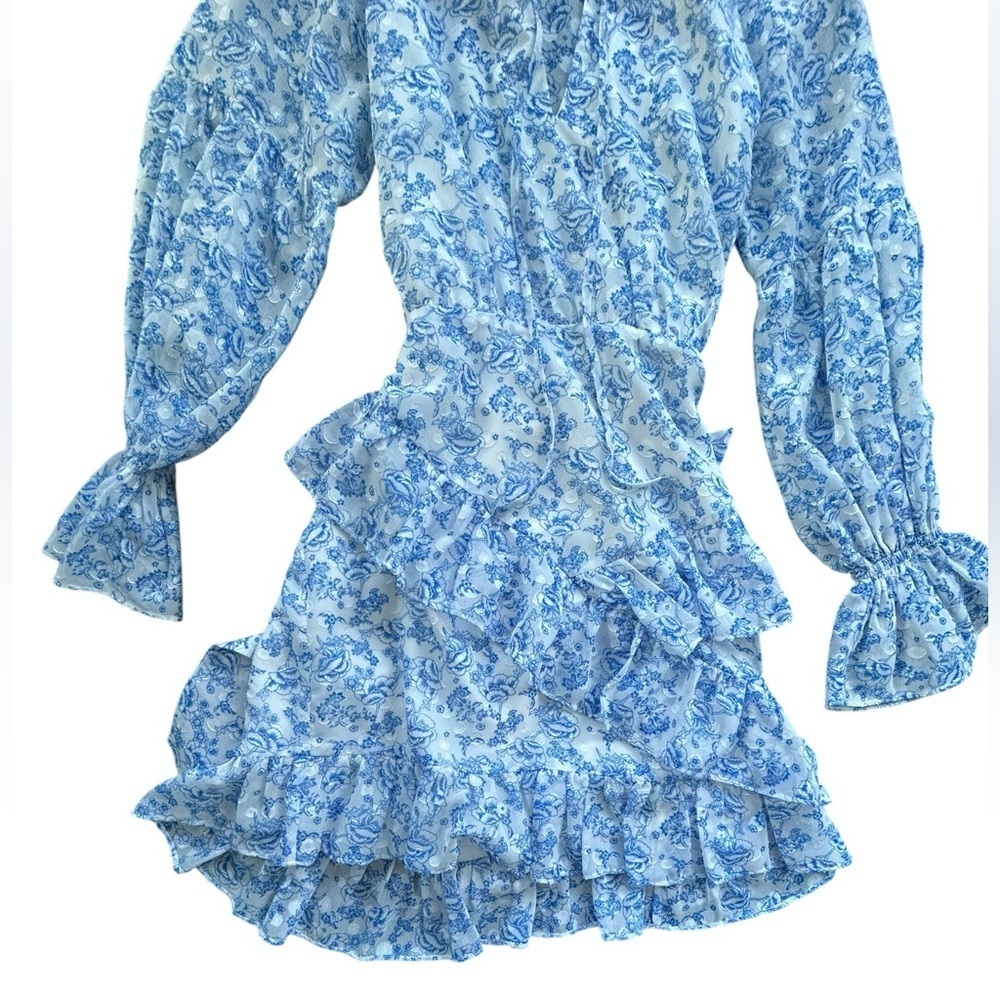 Tularosa Serafina Floral White Blue Long Sleeve Romantic Mini Dress‎ Size Small - Picture 5 of 12